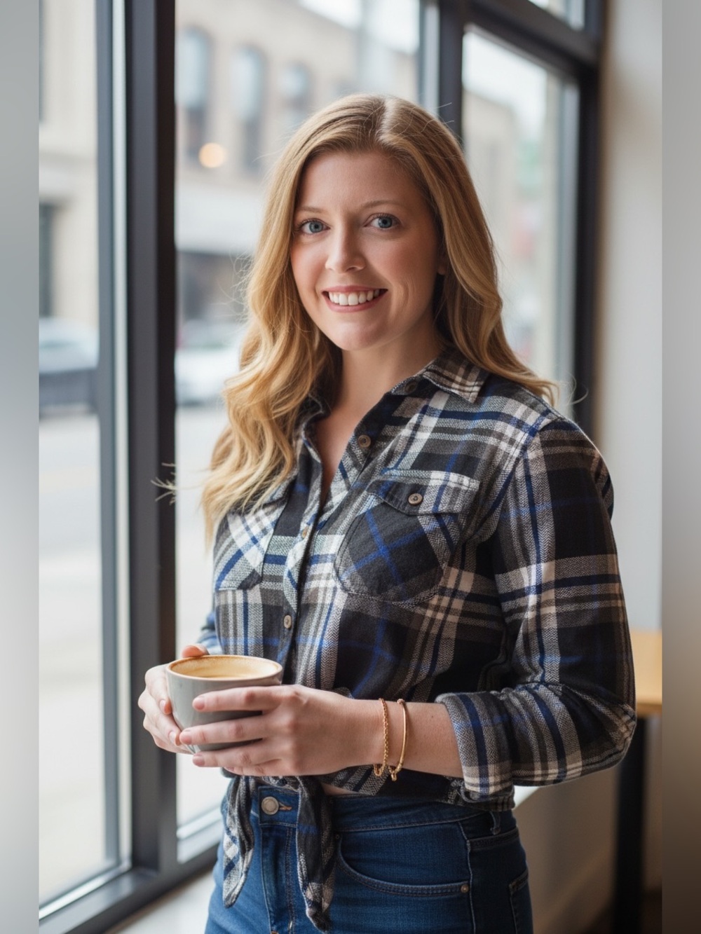 Passport Black, Blue & White Plaid Tie-Front Button-Down Shirt